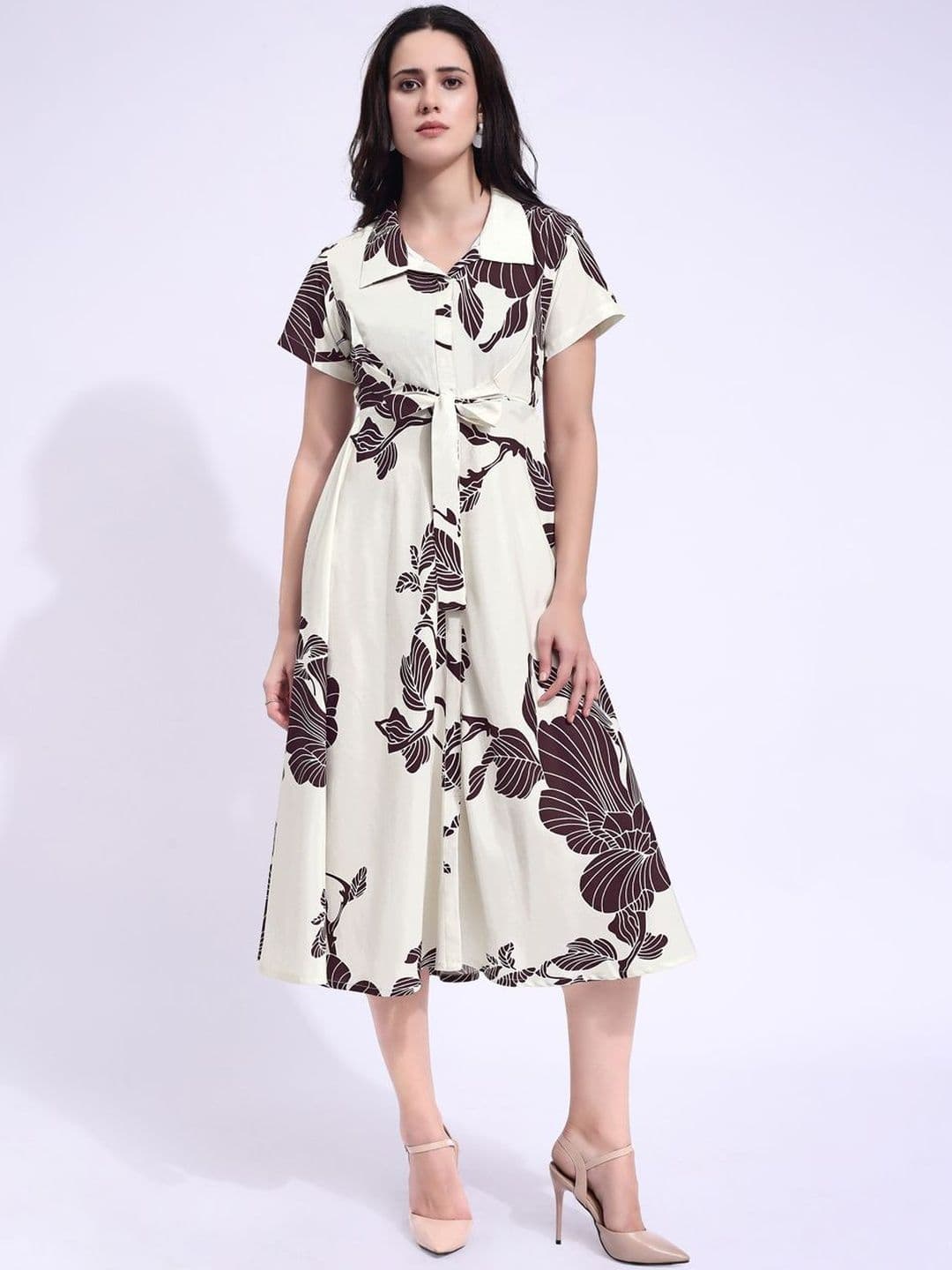 PURVAJA Floral Printed Shirt Collar Shirt Midi Dress - view 1