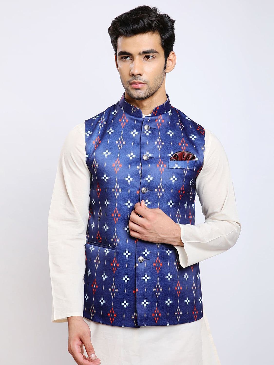 Awadhshree Printed Satin Mandarin Collar Nehru Jacket - view 1
