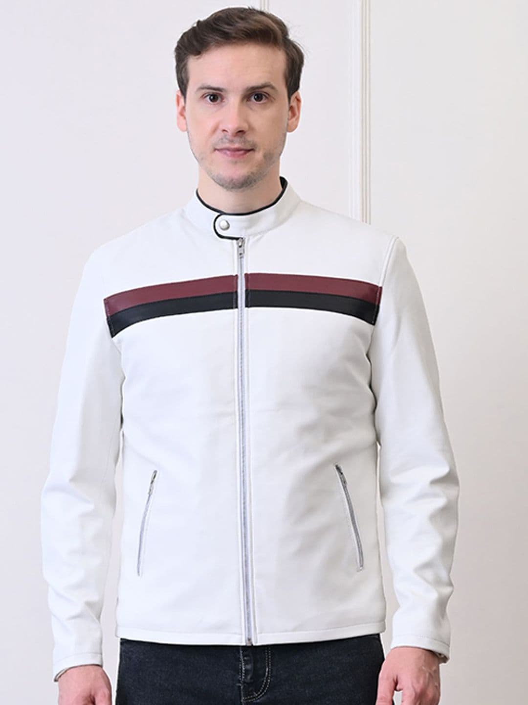 TBOJ Men Stand Collar Striped Water Resistant Leather Jacket - view 1