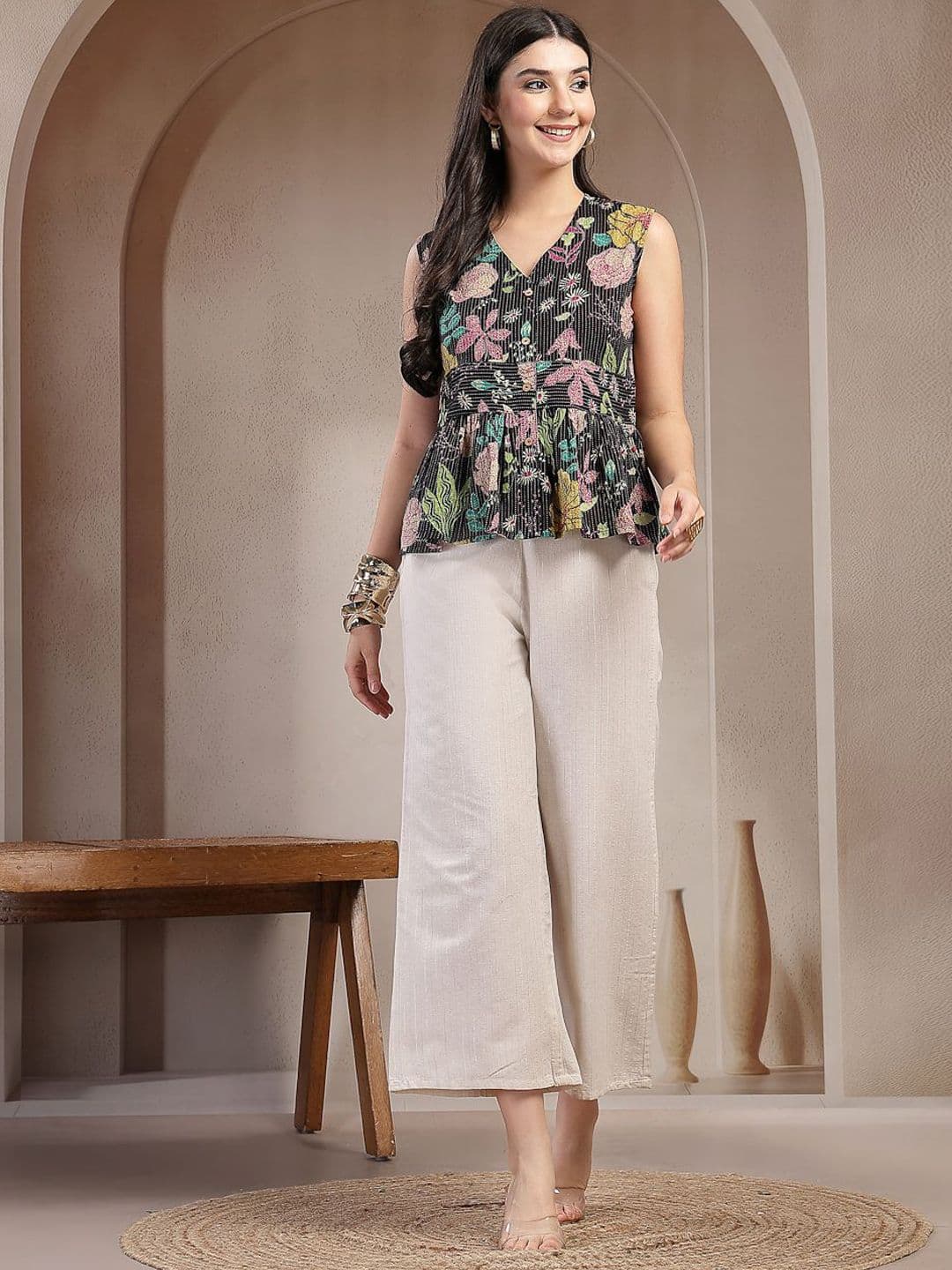 Stylum Floral Printed Pure Cotton V-Neck Top With Palazzos - view 1