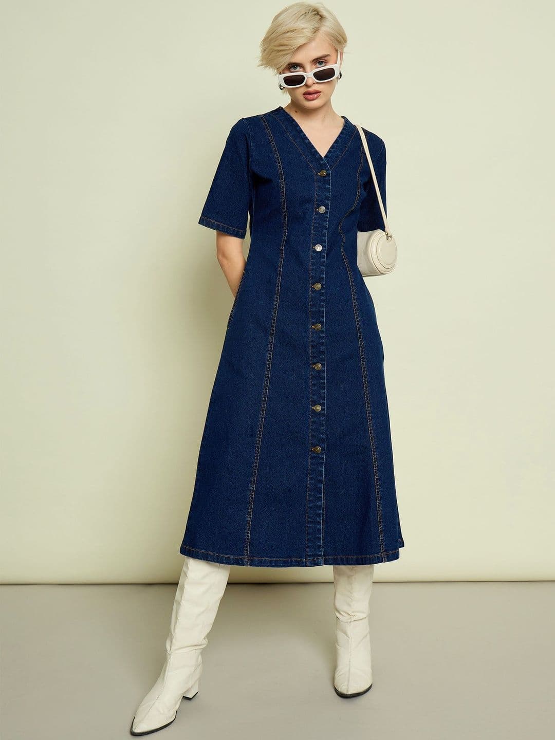 SASSAFRAS Women Denim V Neck A-Line Midi Dress - view 1