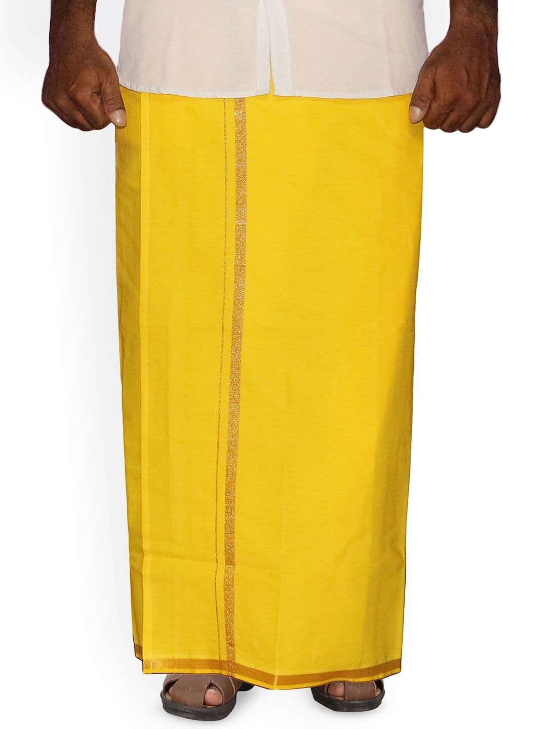 PRAKASAM COTTON Men's Single Yellow Colour with Jari Border Welcro Pocket Dhoti - view 1