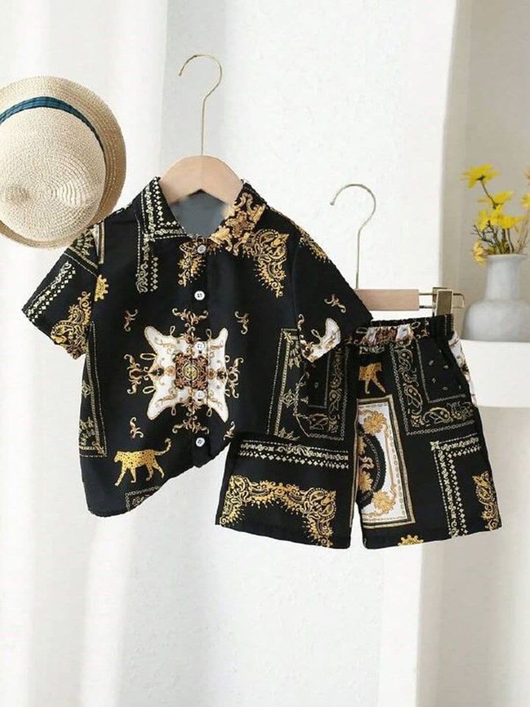 FASTDEAL Boys Black Shirt Collar Short Sleeves Cotton Blend Printed Causal Co-Ords Set - view 1