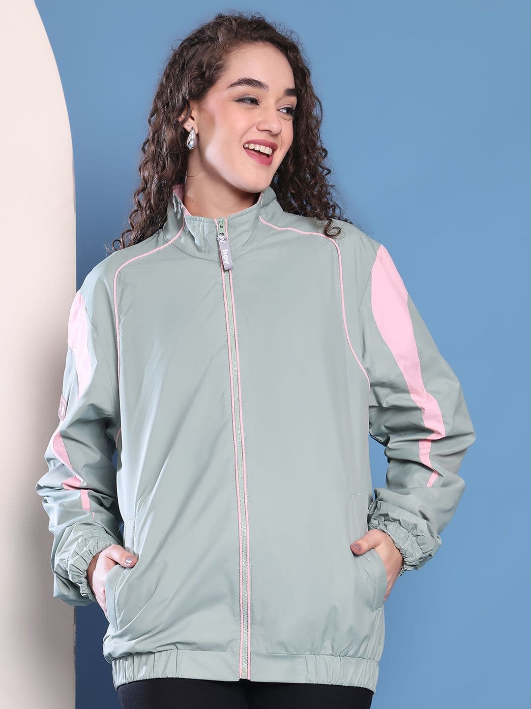 HOUSE OF VEDAS Women Mock Collar Striped Windcheater Bomber Jacket - view 1
