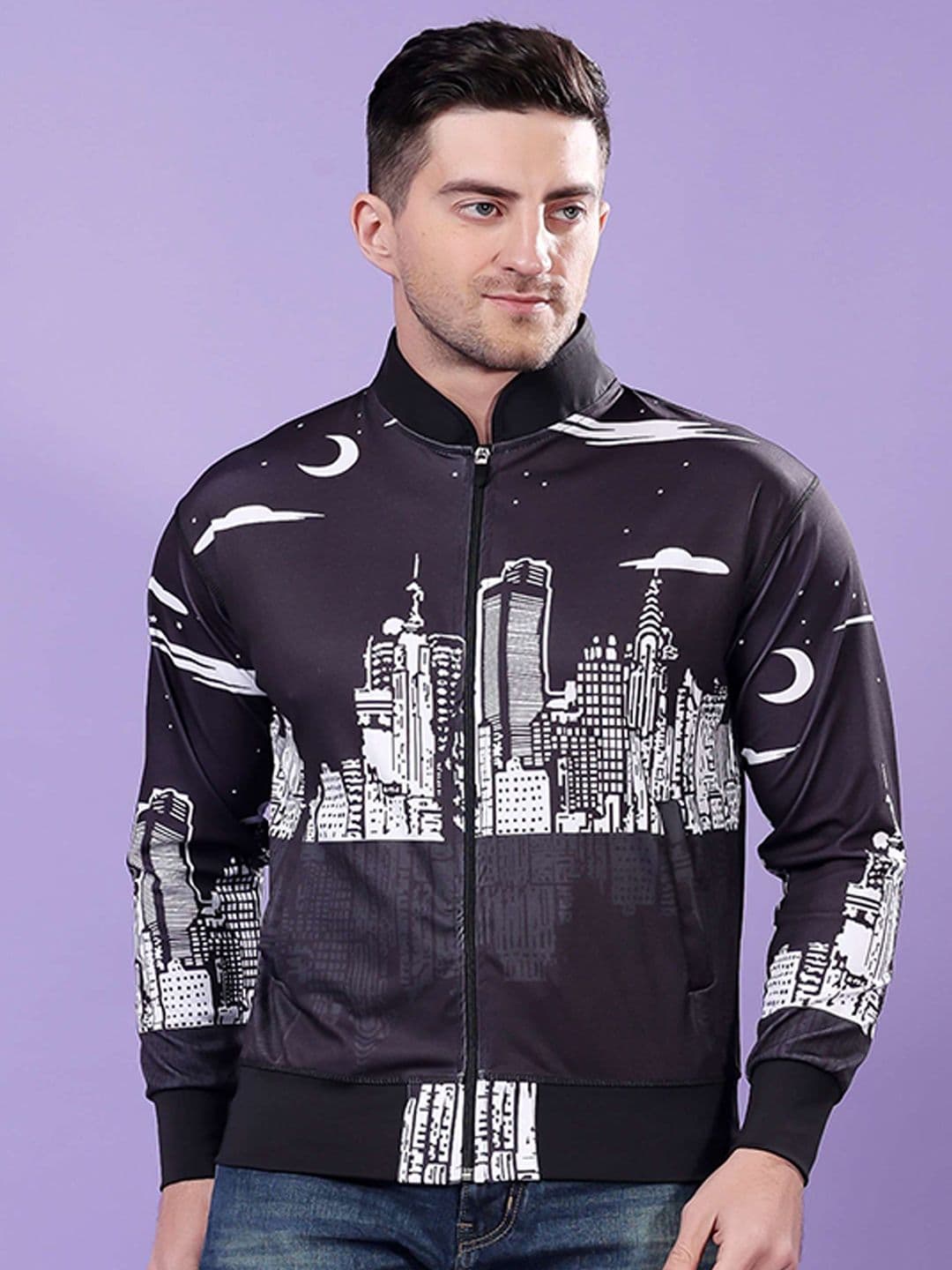 YELLOW TREE Men Stand Collar Graphic Printed Lightweight Bomber Jacket - view 1