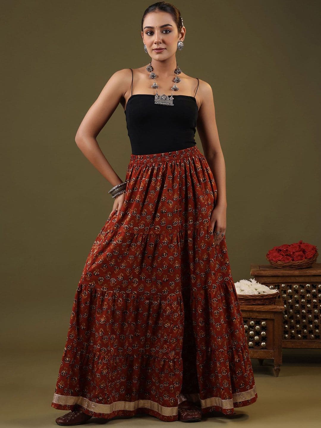 Rimeline Printed Pure Cotton Flared Tiered Maxi Skirt - view 1