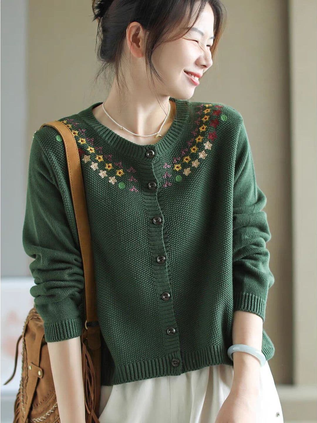 DressBerry Women Self Design V-Neck Long Sleeves Front-Open Sweaters - view 1