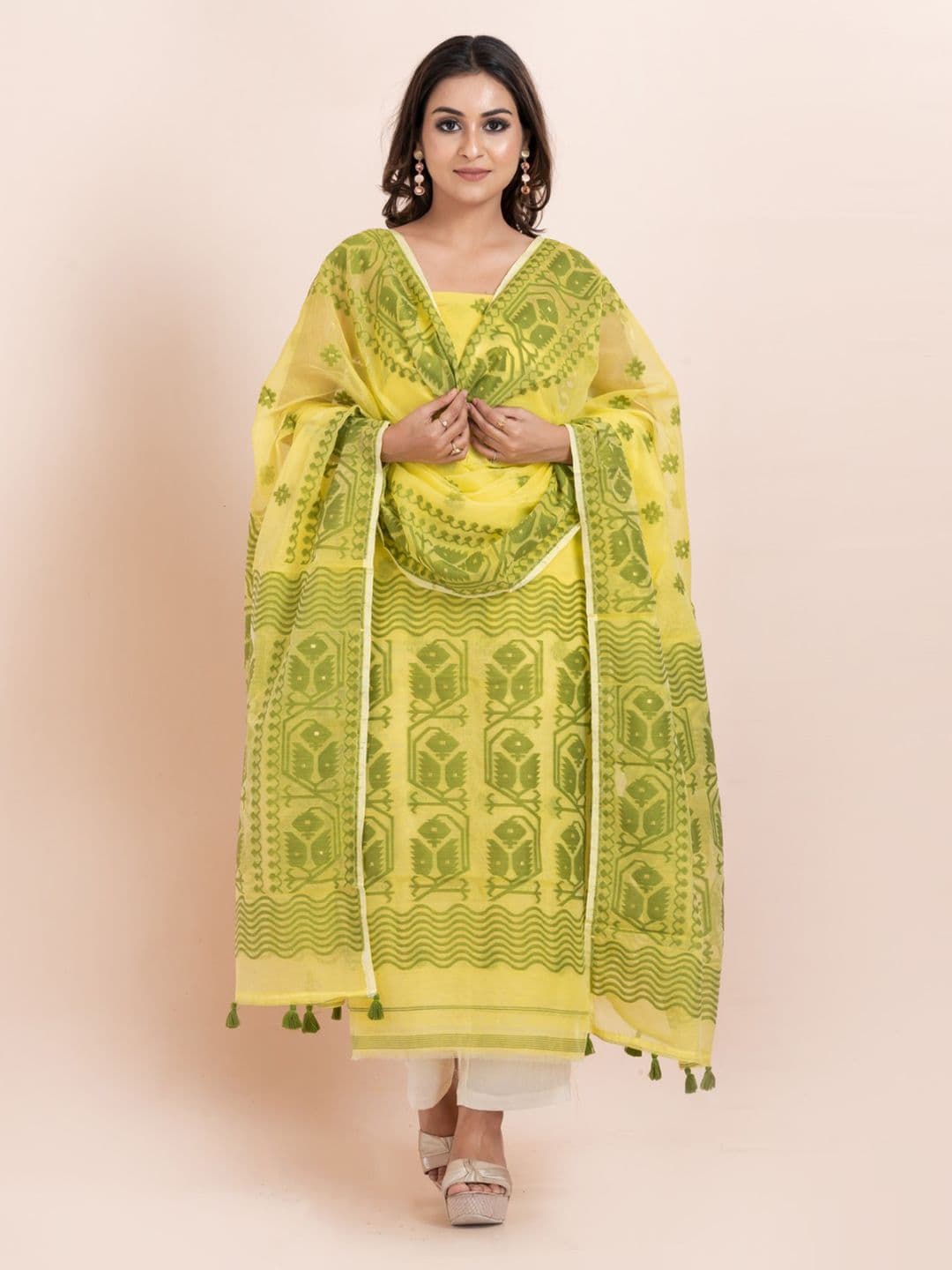Durga Handlooms Jamdani Woven Design Zari Pure Cotton Unstitched Kurti Material with Dupatta - view 1