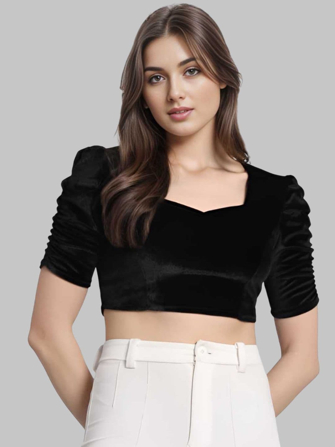 WIZULO TRENDZ Women Velvet Sweetheart Neck Puff Sleeved Saree Blouse - view 1