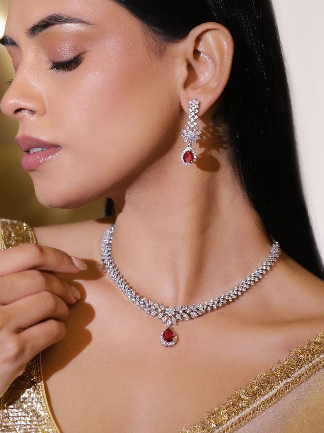 Rubans Rhodium-Plated Cubic Zirconia & Ruby Red Stone Studded Drop Necklace Set - view 1