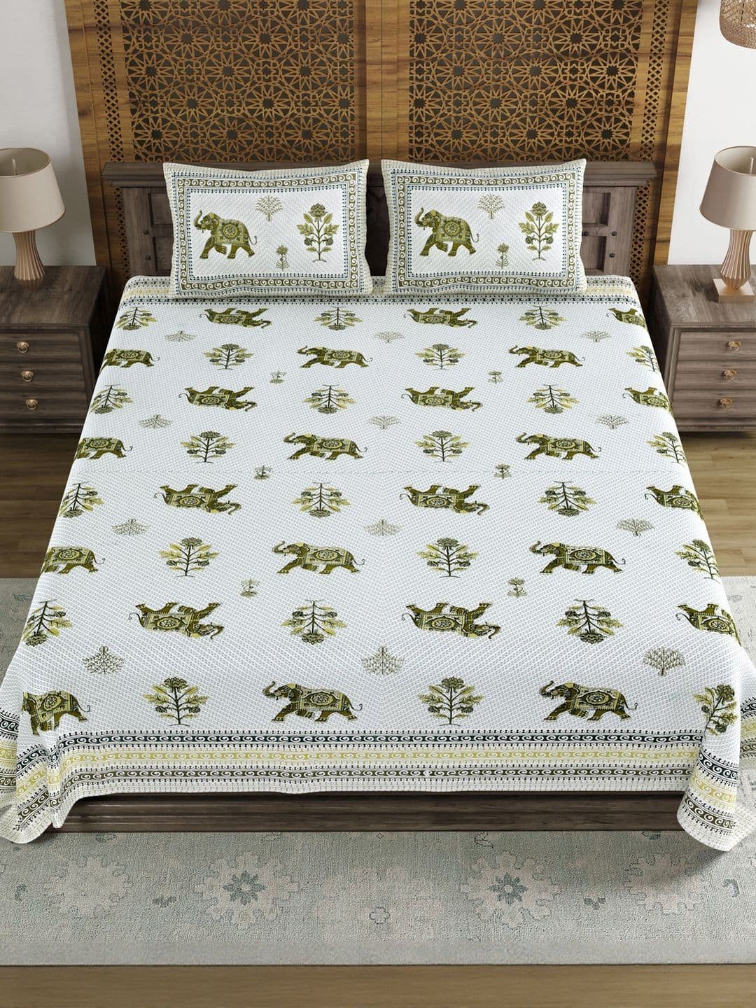 Sangria Green & Green Ethnic Motifs Printed 210 TC Cotton King Bedsheet & 2 Pillow Covers - view 1