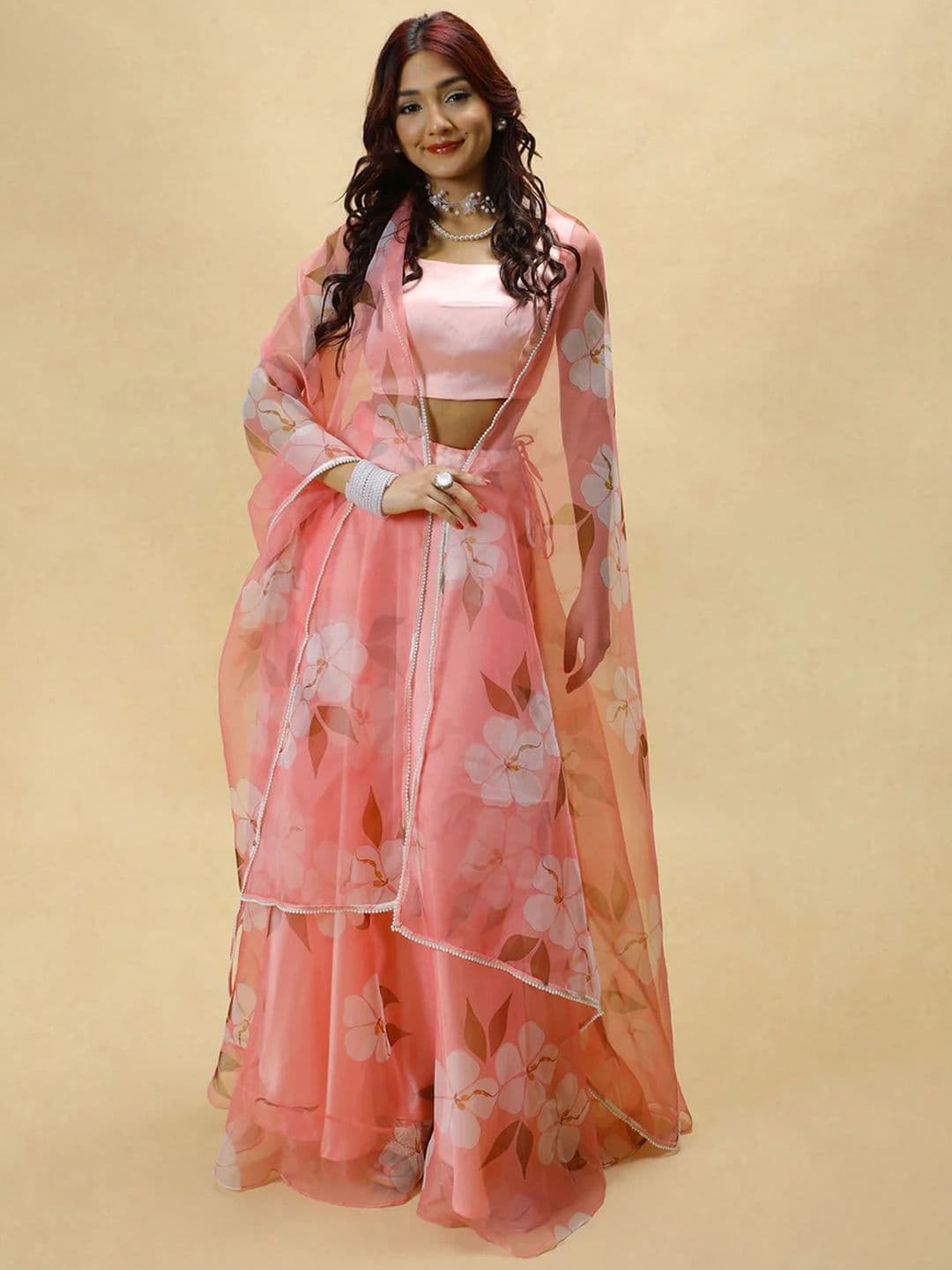 LIPS CROWN Floral Printed Semi-Stitched Organza Lehenga & Blouse With Dupatta - view 1