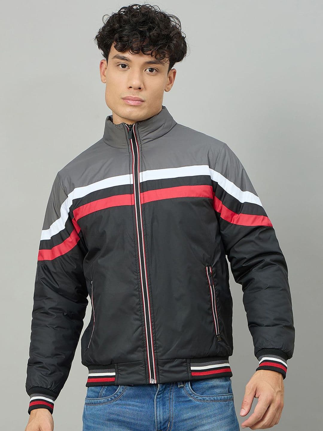 Duke Men Mock Collar Striped Bomber Jacket - view 1