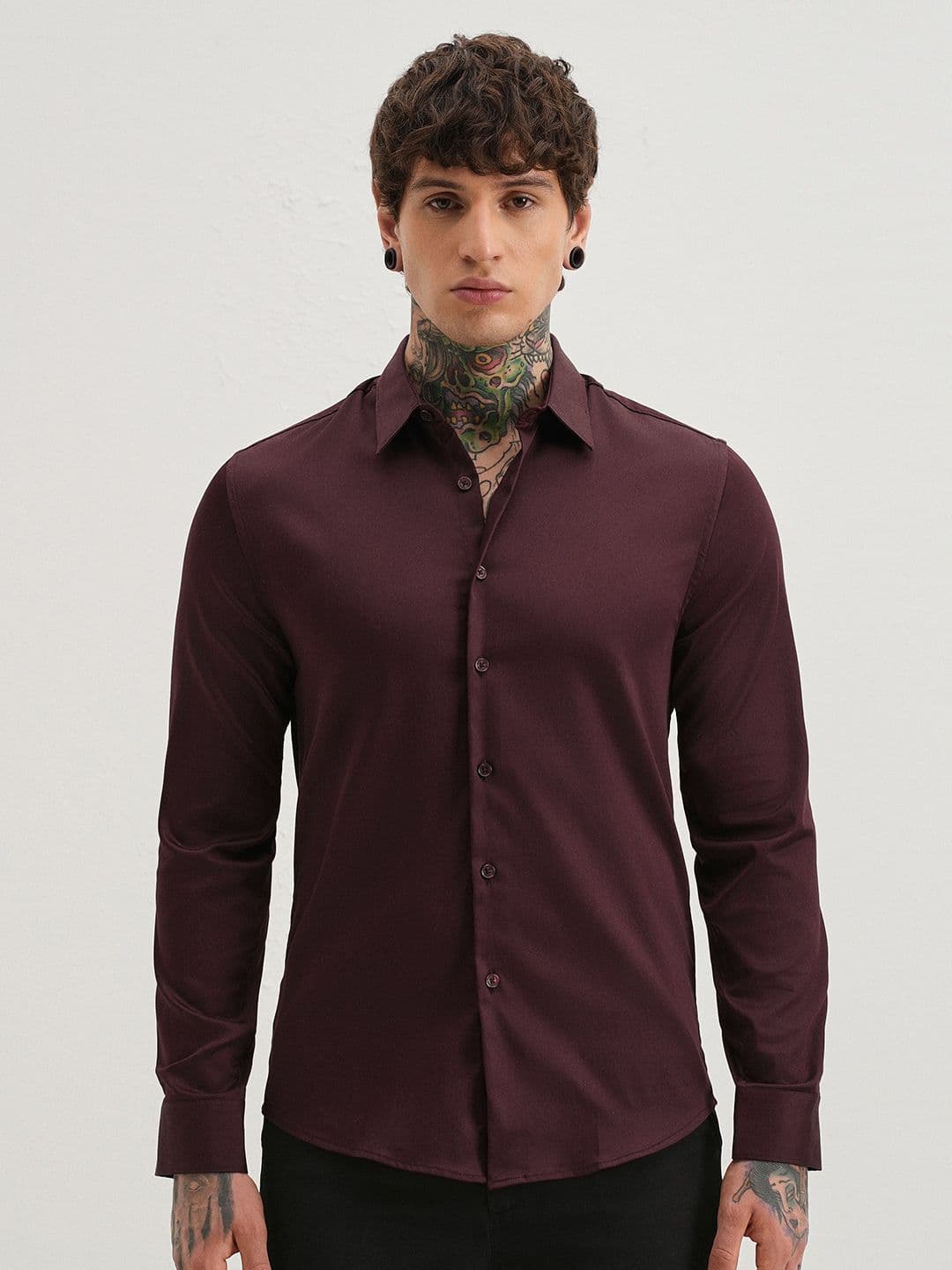 Banana Club Spread Collar Plum Classic Slim Fit Satin Casual Shirt - view 1