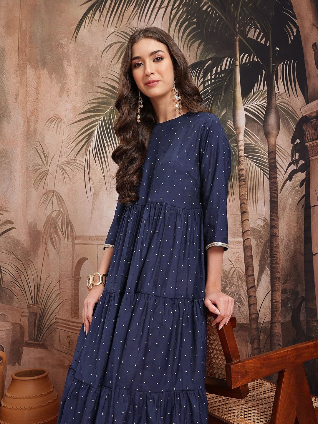 Sangria Polka Dots Fit and Flare Midi Ethnic Dress - view 1