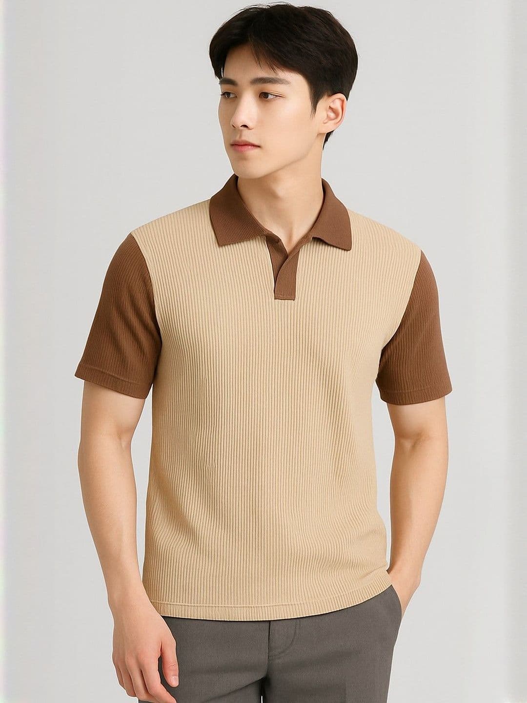 Moda Rapido Men Beige & Brown Ribbed Polo Collar T-shirt - view 1