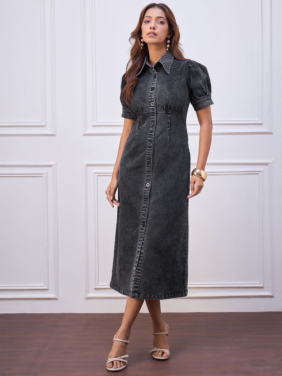StyleStone Women Self Design Denim Shirt Style Midi Dress - view 1