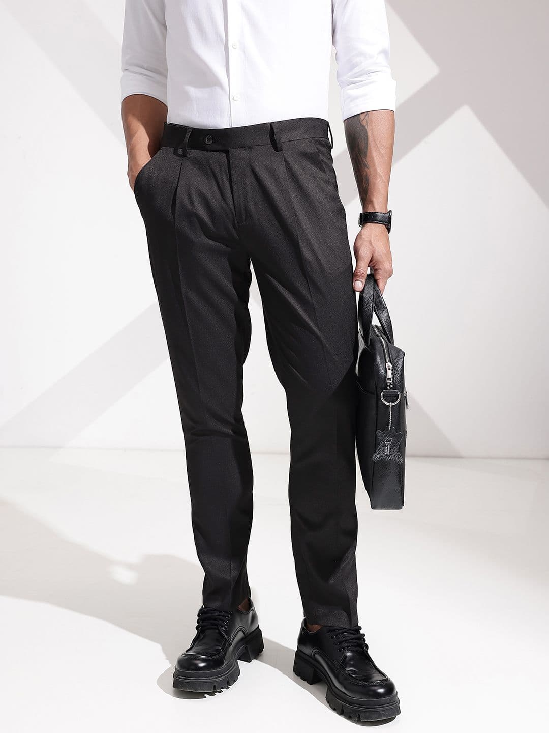 INVICTUS Men Self Design Textured Pleated Formal Trousers - view 1
