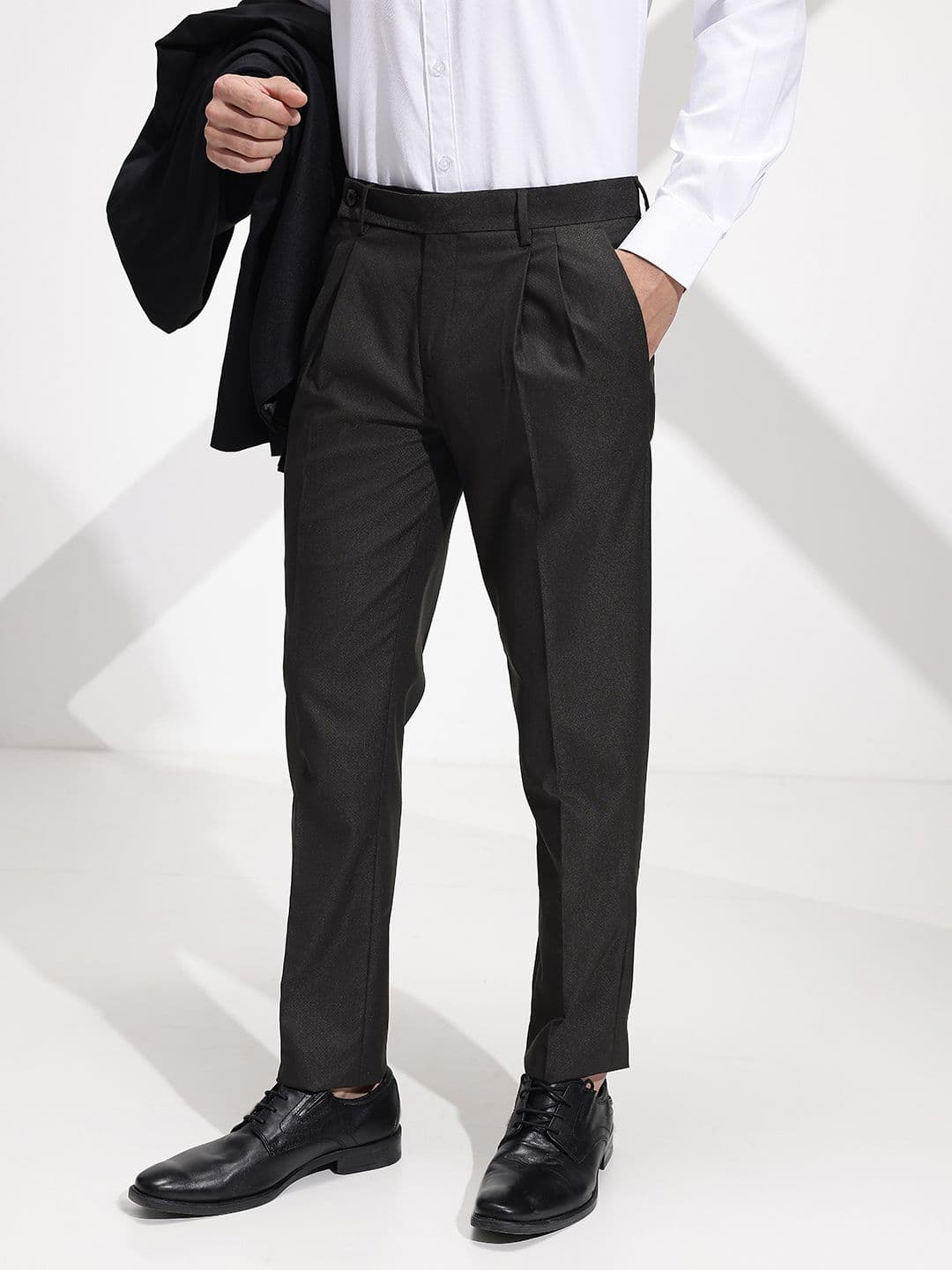 INVICTUS Men Self Design Textured Pleated Formal Trousers - view 1