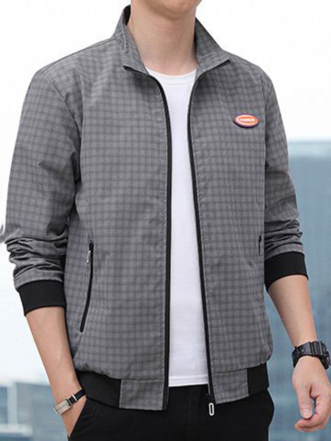 StyleCast x Revolte Men Stand Collar Checked Tailored Jacket - view 1