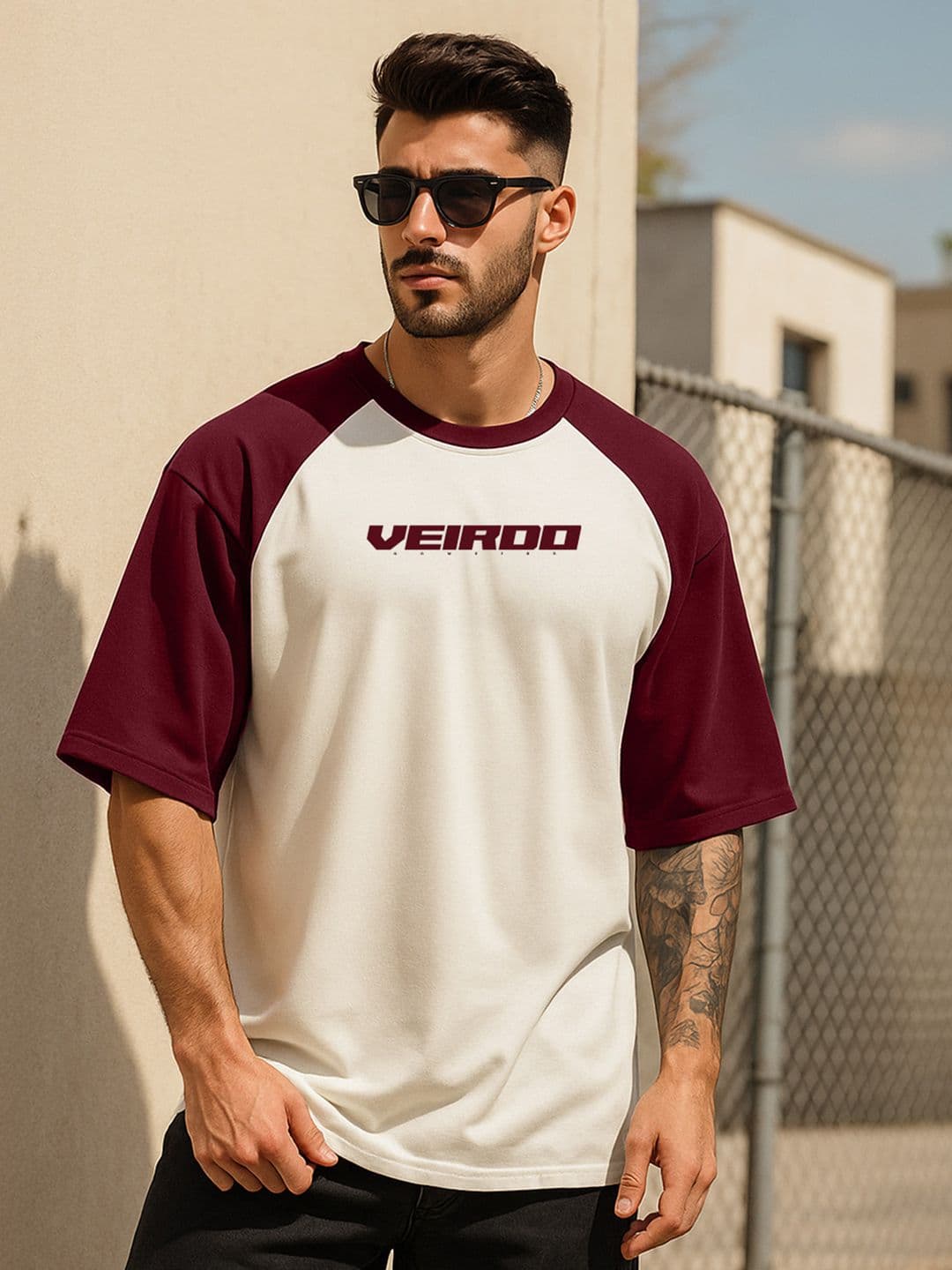 VEIRDO Men Typography Printed Raglan Sleeves Oversized Pure Cotton T-shirt - view 1