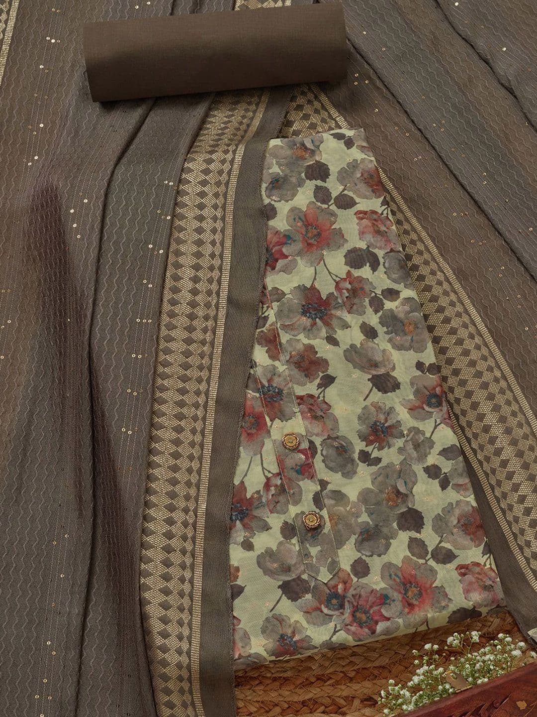 Soch Floral Printed Zari Chanderi Unstitched Dress Material - view 1