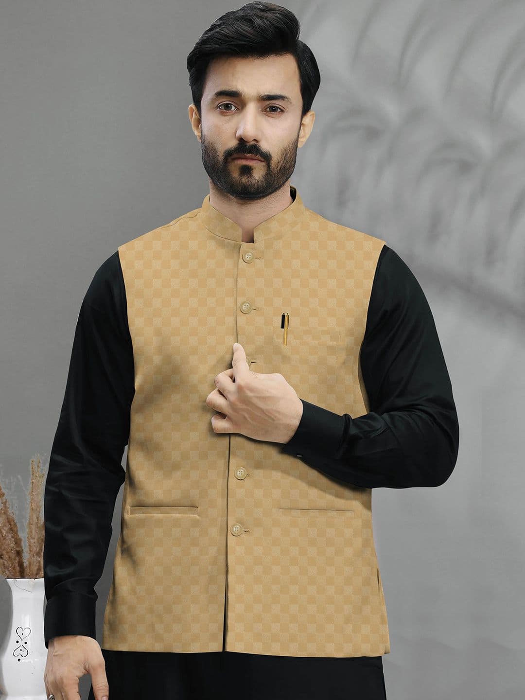 A A ENTERPRISES Woven Design Mandarin Collar Neck Nehru Jacket - view 1