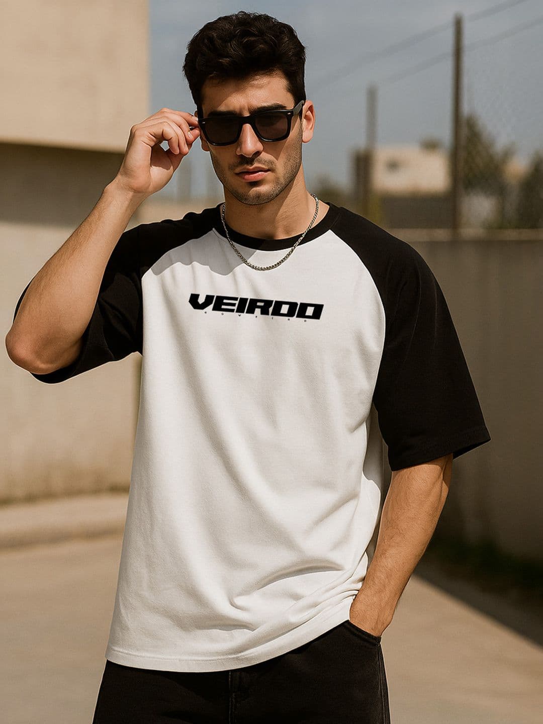 VEIRDO Men Typography Printed Raglan Sleeves Oversized Pure Cotton T-shirt - view 1