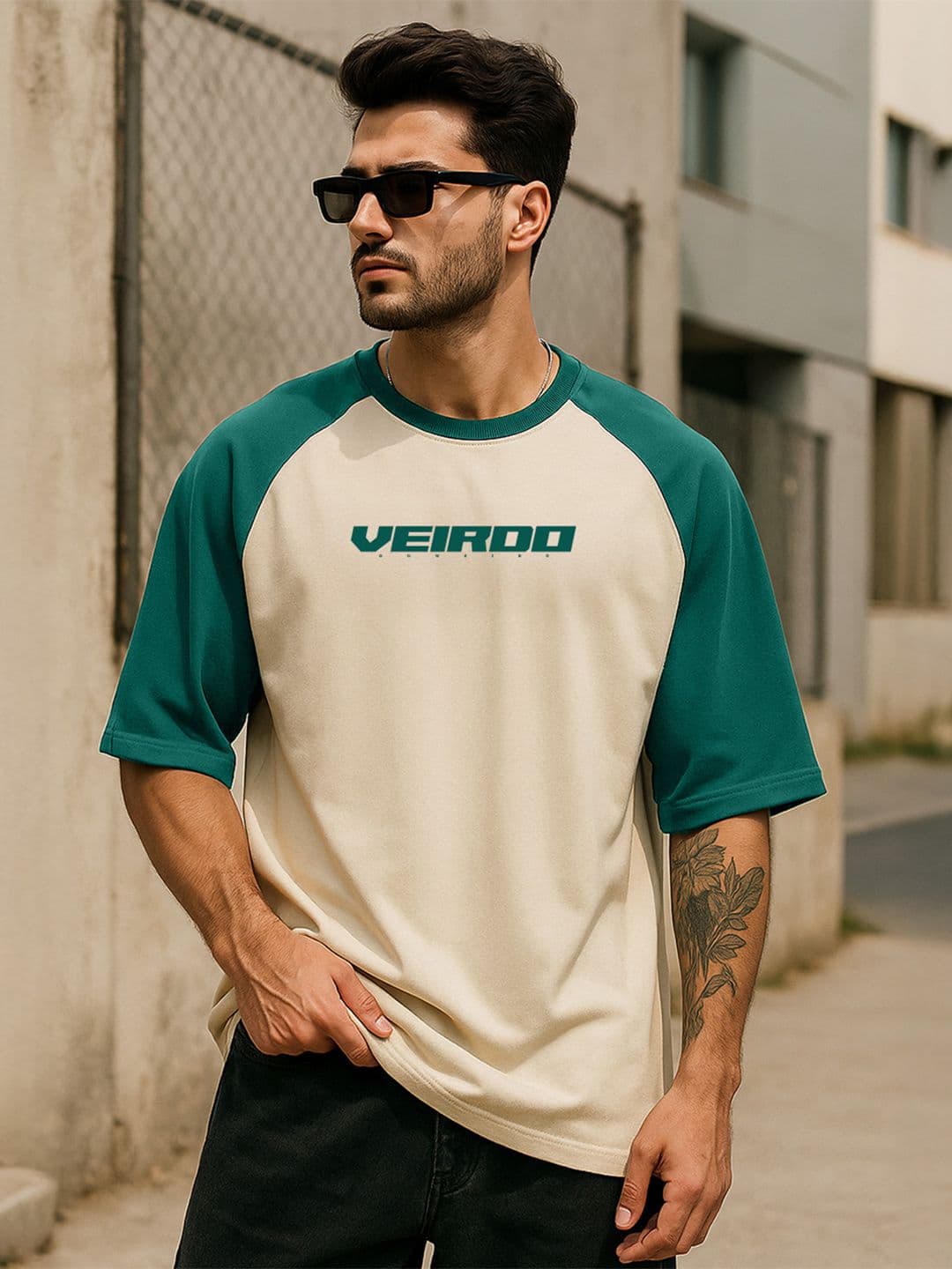 VEIRDO Men Typography Printed Raglan Sleeves Oversized Pure Cotton T-shirt - view 1
