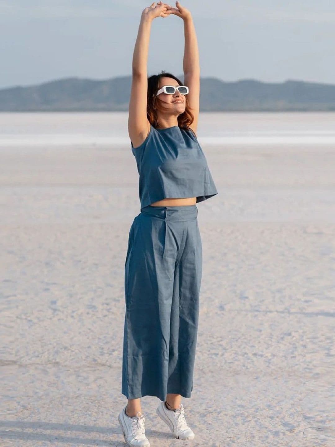 HERE&NOW Women Blue Sleeve Less Round Neck Top & Trousers Co-Ords Set - view 1