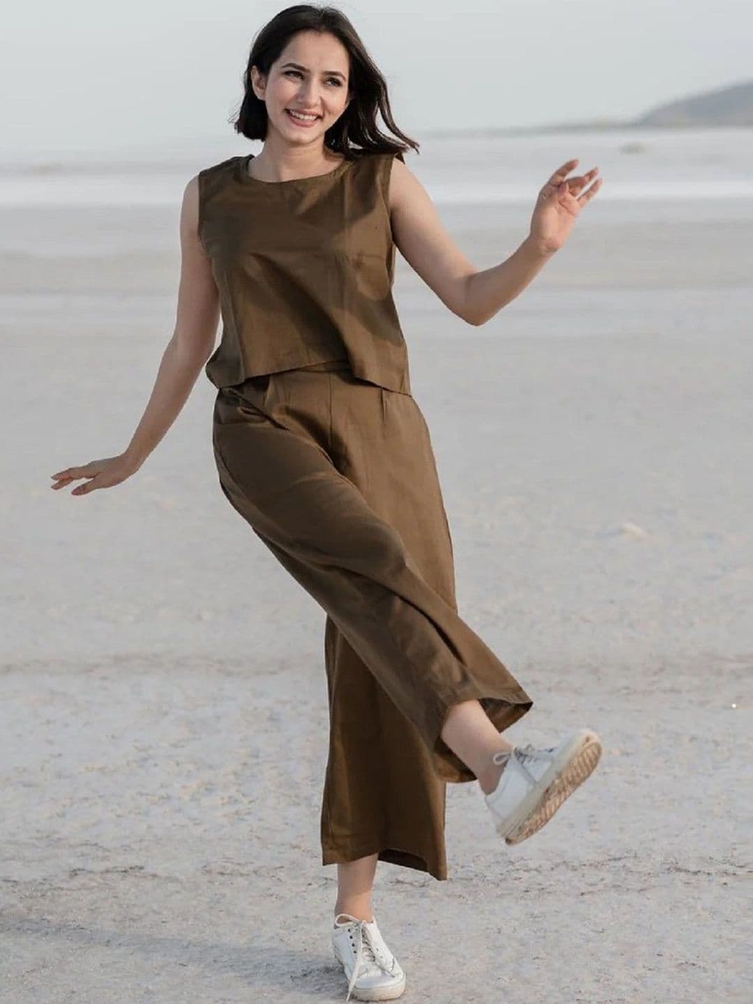 HERE&NOW Women Cotton Blend Round Neck Top With Trousers Co-Ords - view 1