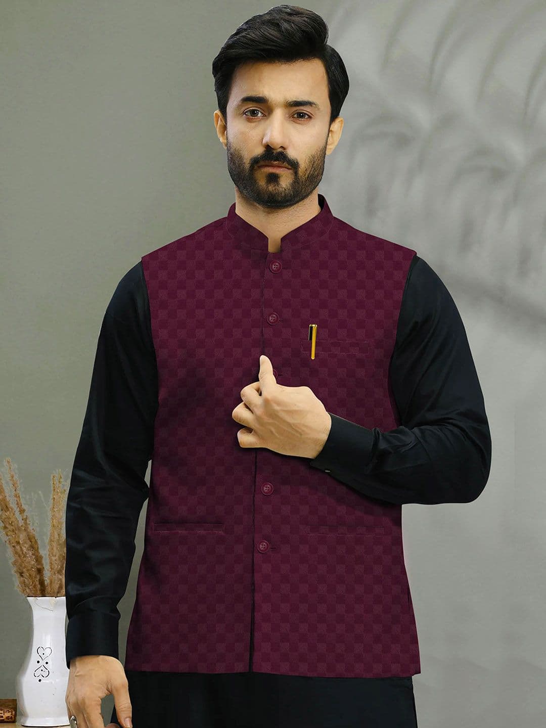 A A ENTERPRISES Woven Design Mandarin Collar Neck Nehru Jacket - view 1