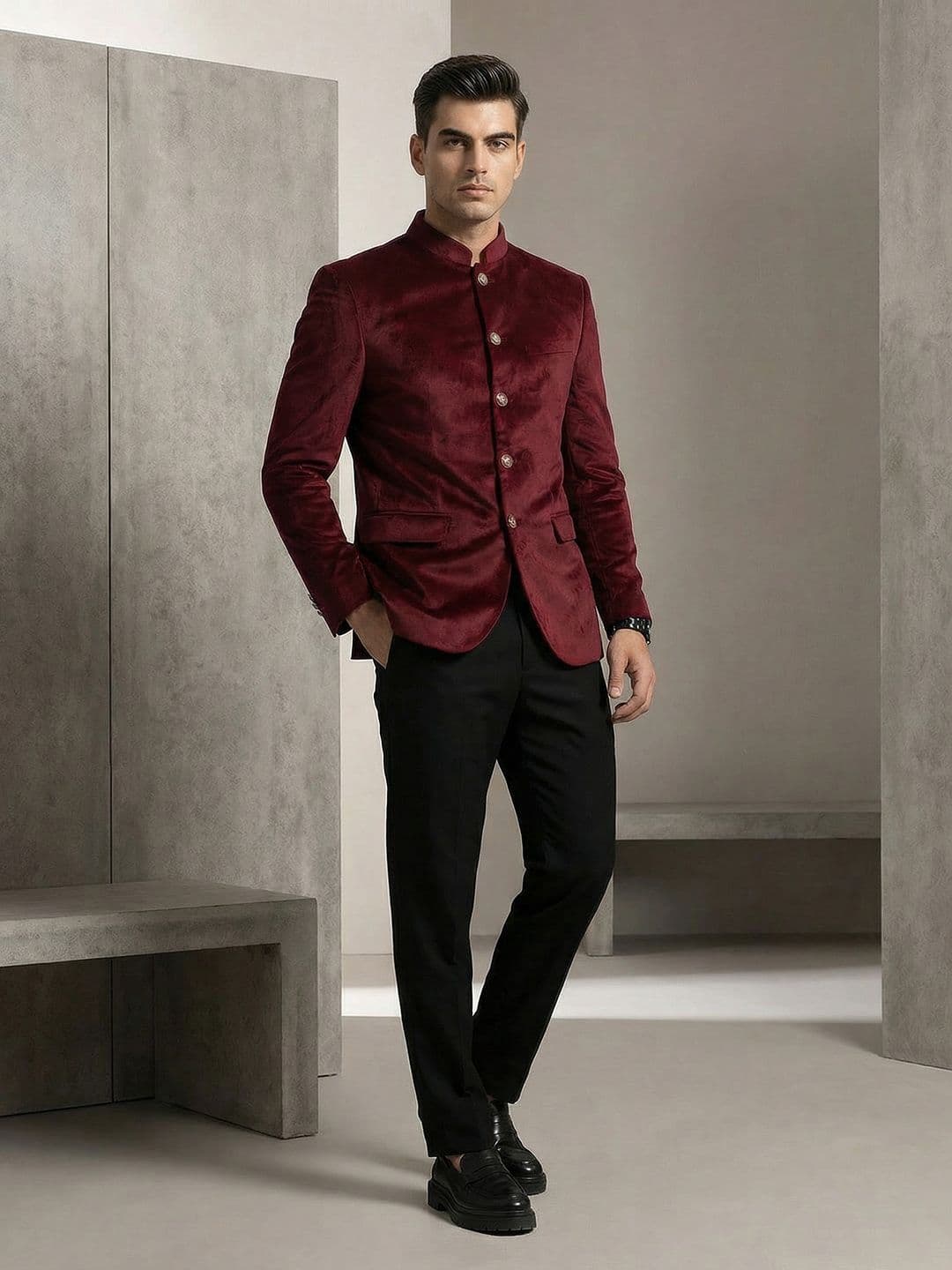 INVICTUS Textured Mandarin Collar Bandhgala Blazer - view 1