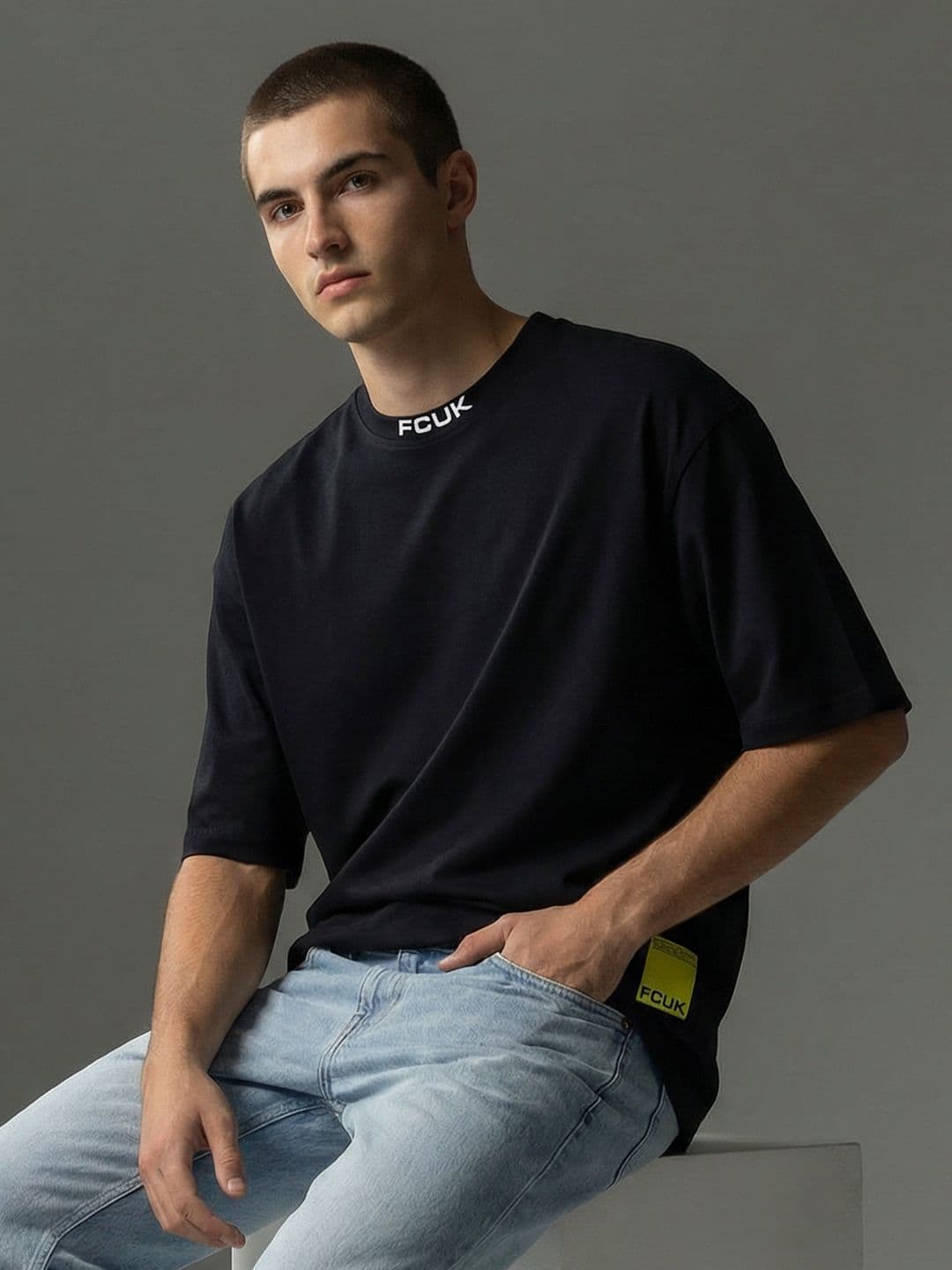 FCUK Drop-Shoulder Sleeves Relaxed Fit Pure Cotton T-shirt - view 1