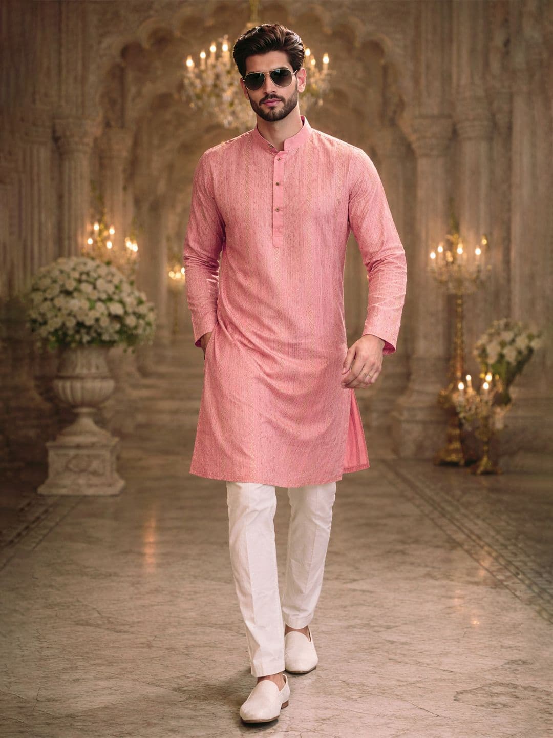 House of Pataudi Pink Embellished Mandarin Collar Long Sleeve Sequins Straight Kurtas - view 1