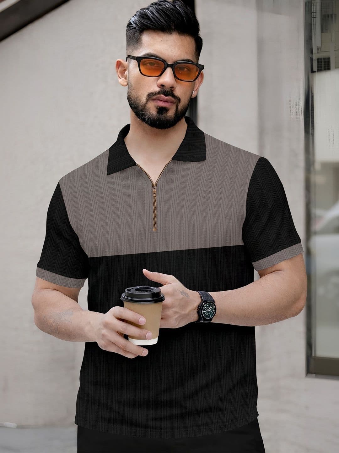 HAPPY KHAJANA Self Design Regularfit Polo Full Zipper Chain Tshirts - view 1