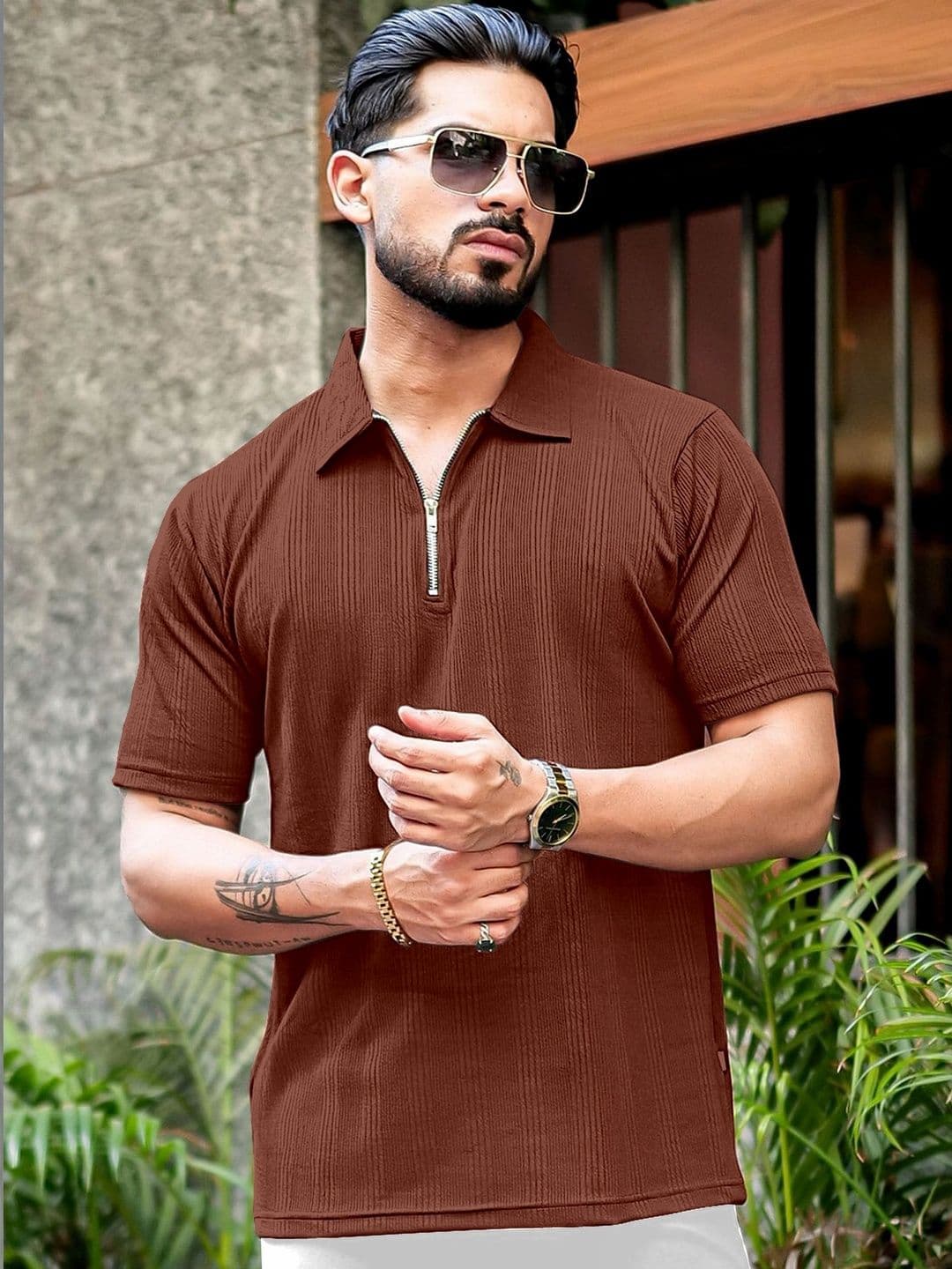 HAPPY KHAJANA Men Textured Polo Zip Neck Collar Tshirts - view 1