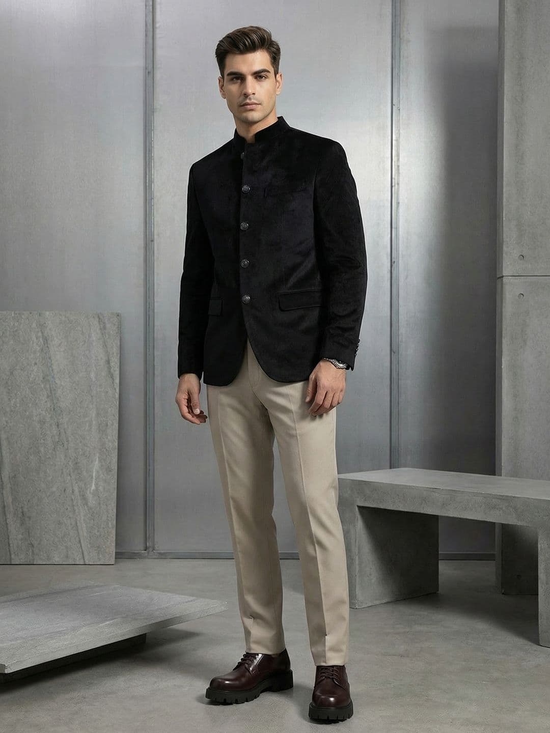 INVICTUS Textured Mandarin Collar Bandhgala Blazer - view 1