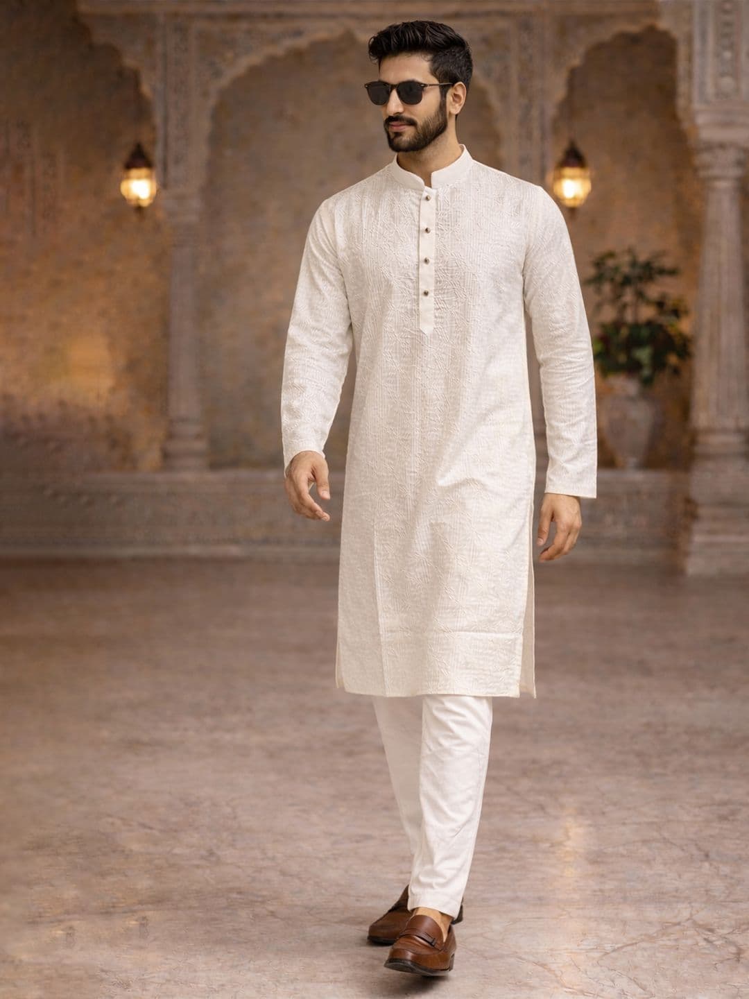House of Pataudi Geometric Embroidered Sequinned Straight Kurta - view 1