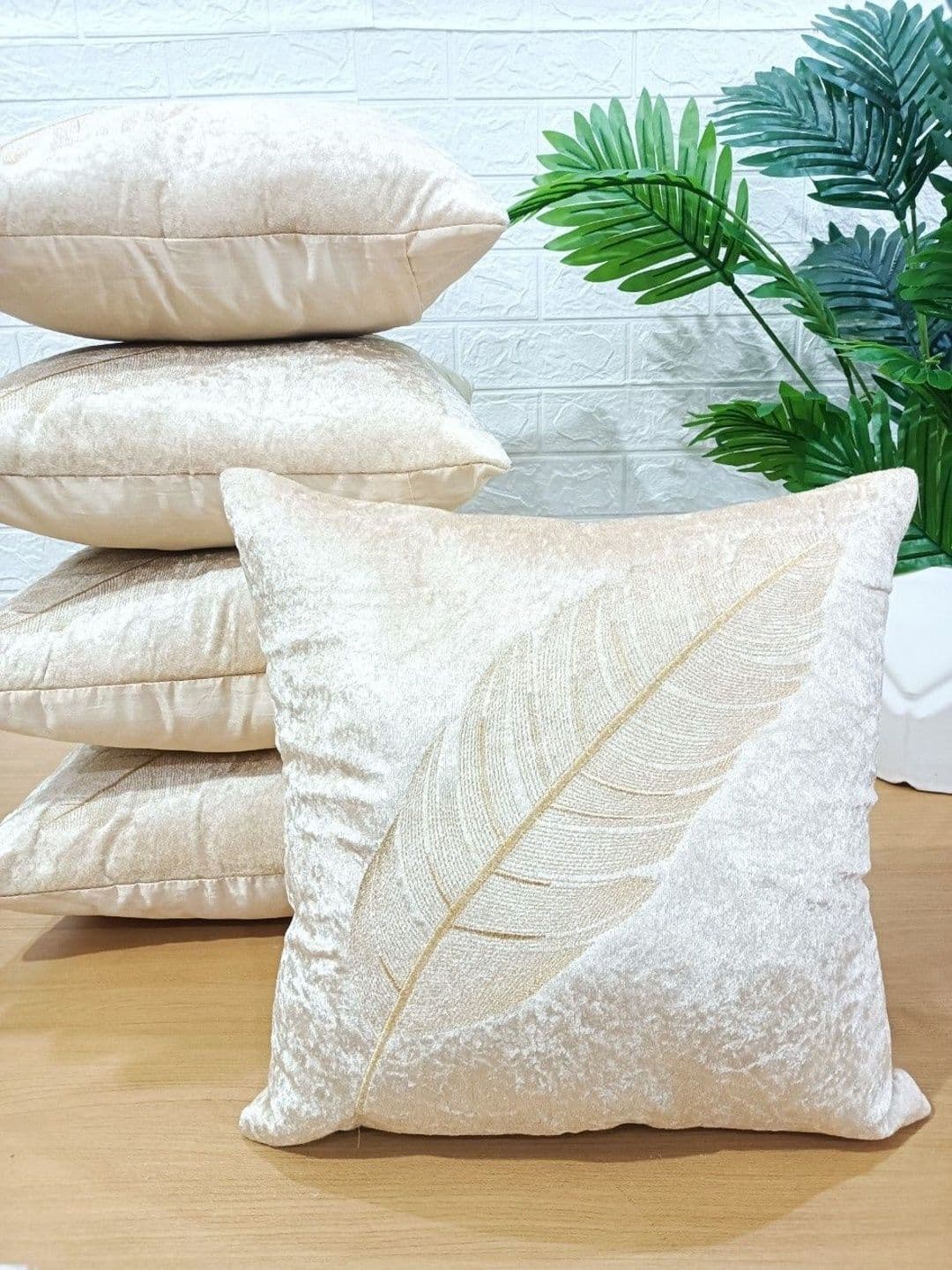 LOFEY Beige Set of 5 Embroidered Velvet Square Cushion Covers - view 1