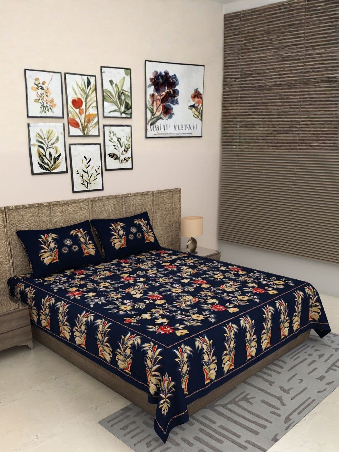 JAIPUR FABRIC Blue Floral 300 TC King Bedsheet with 2 Pillow Covers - view 1