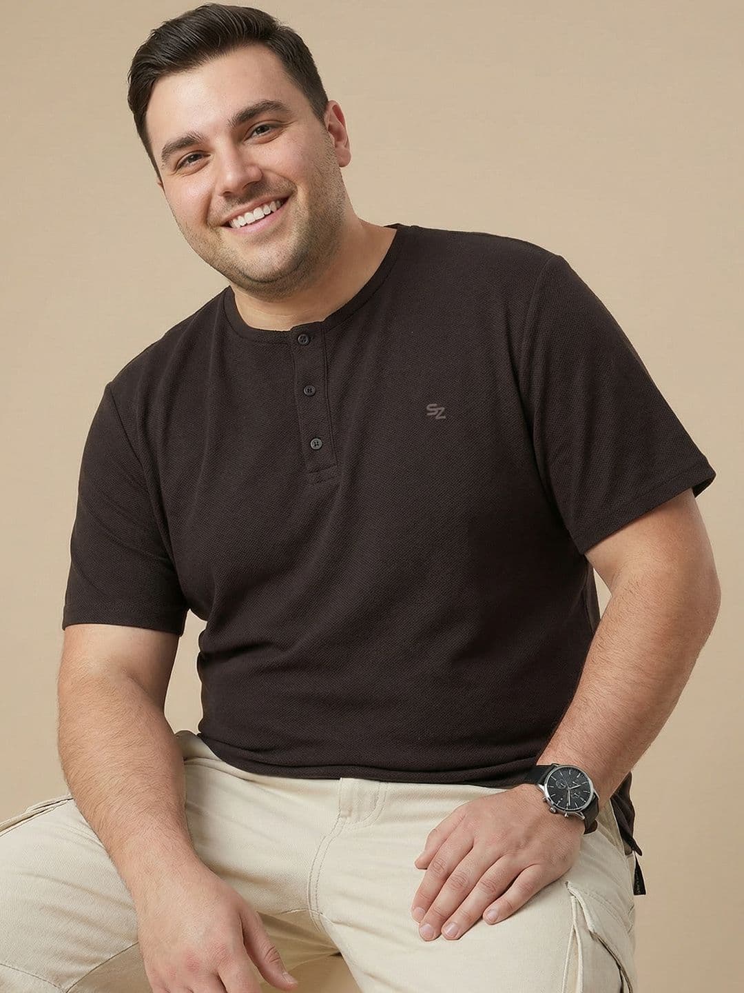Sztori Plus Size Henley Neck Pure Cotton T-shirt - view 1