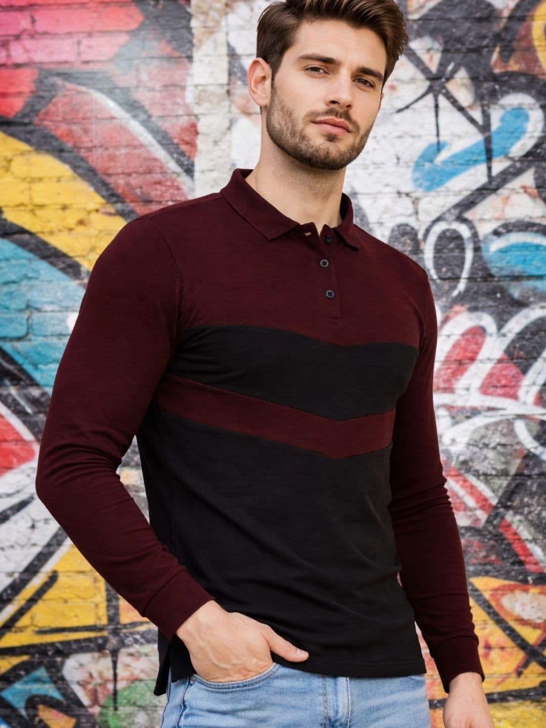 Rigo Men Maroon Colorblock Full Sleeves Collar Neck Tshirts - view 1