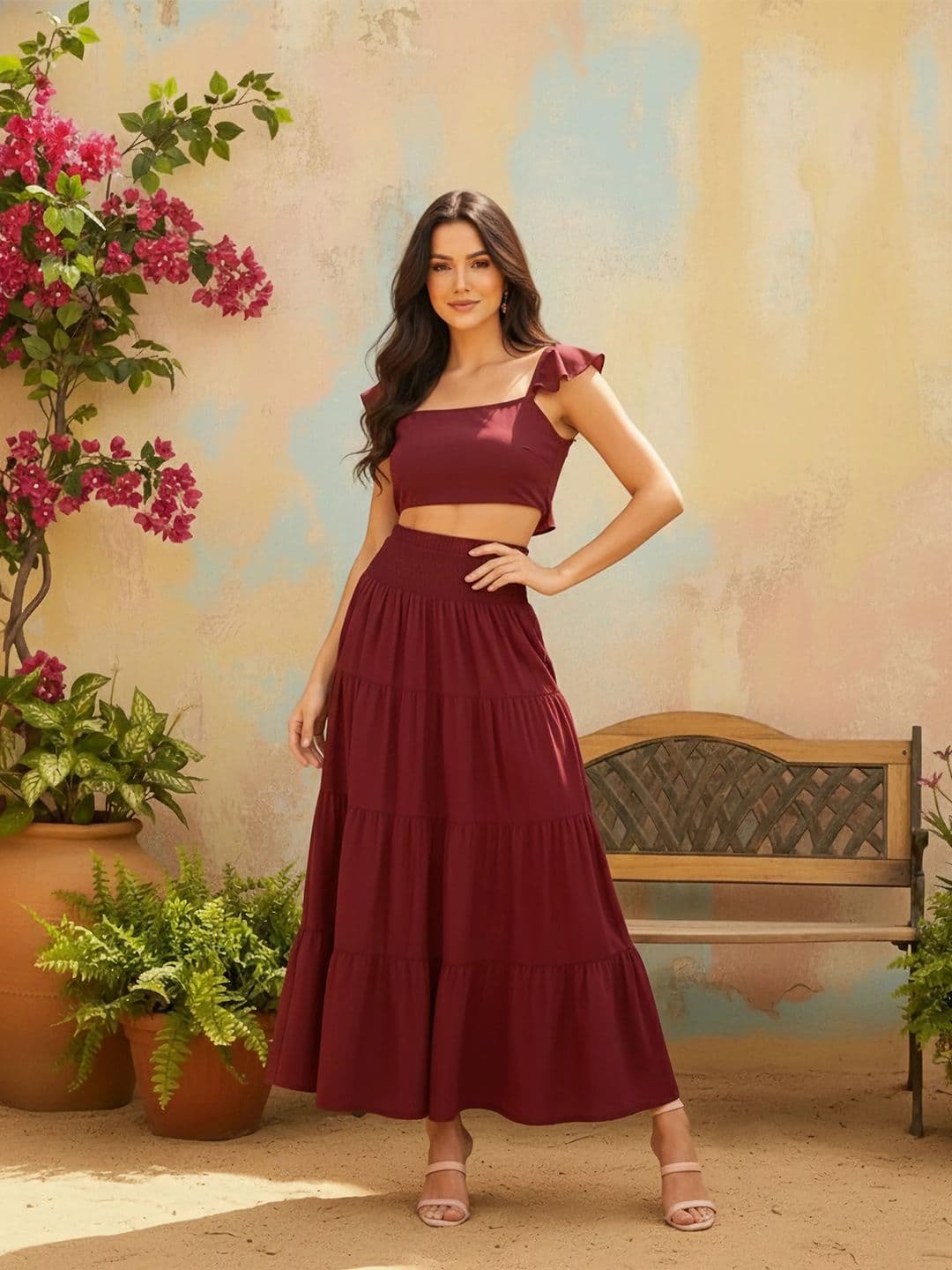 Berrylush Maroon Square Neck Top With Skirt - view 1