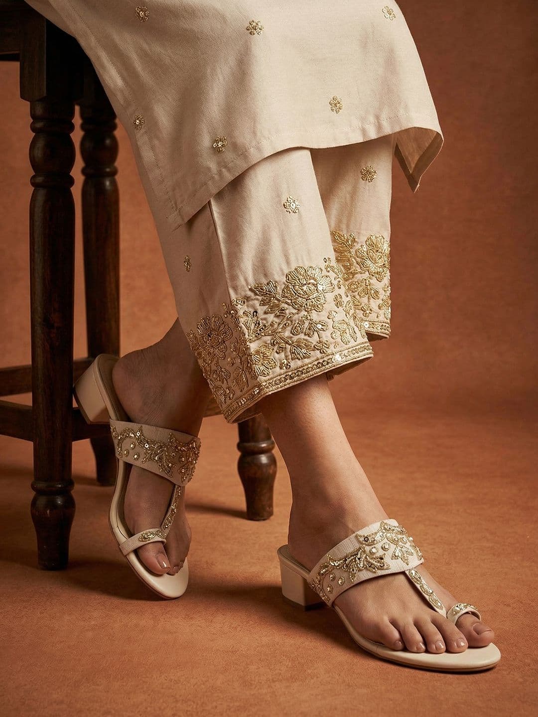 House of Pataudi Floral Beaded Block Heels - view 1
