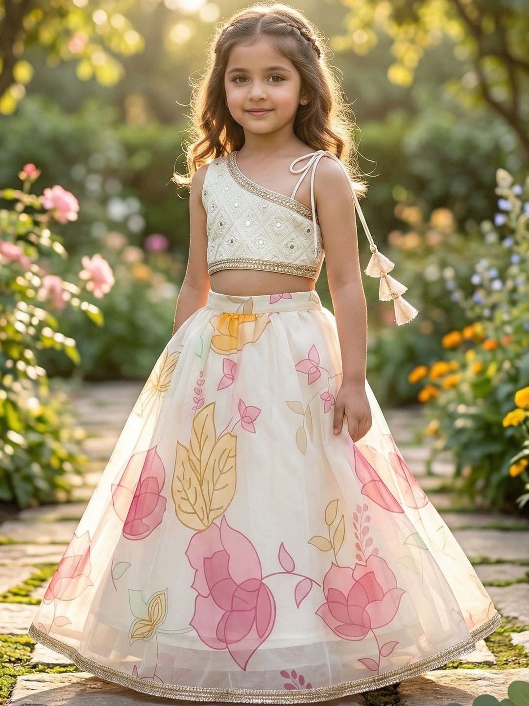 Q-one Store Girls Embroidered Thread Work Tie and Dye Ready to Wear Lehenga & - view 1
