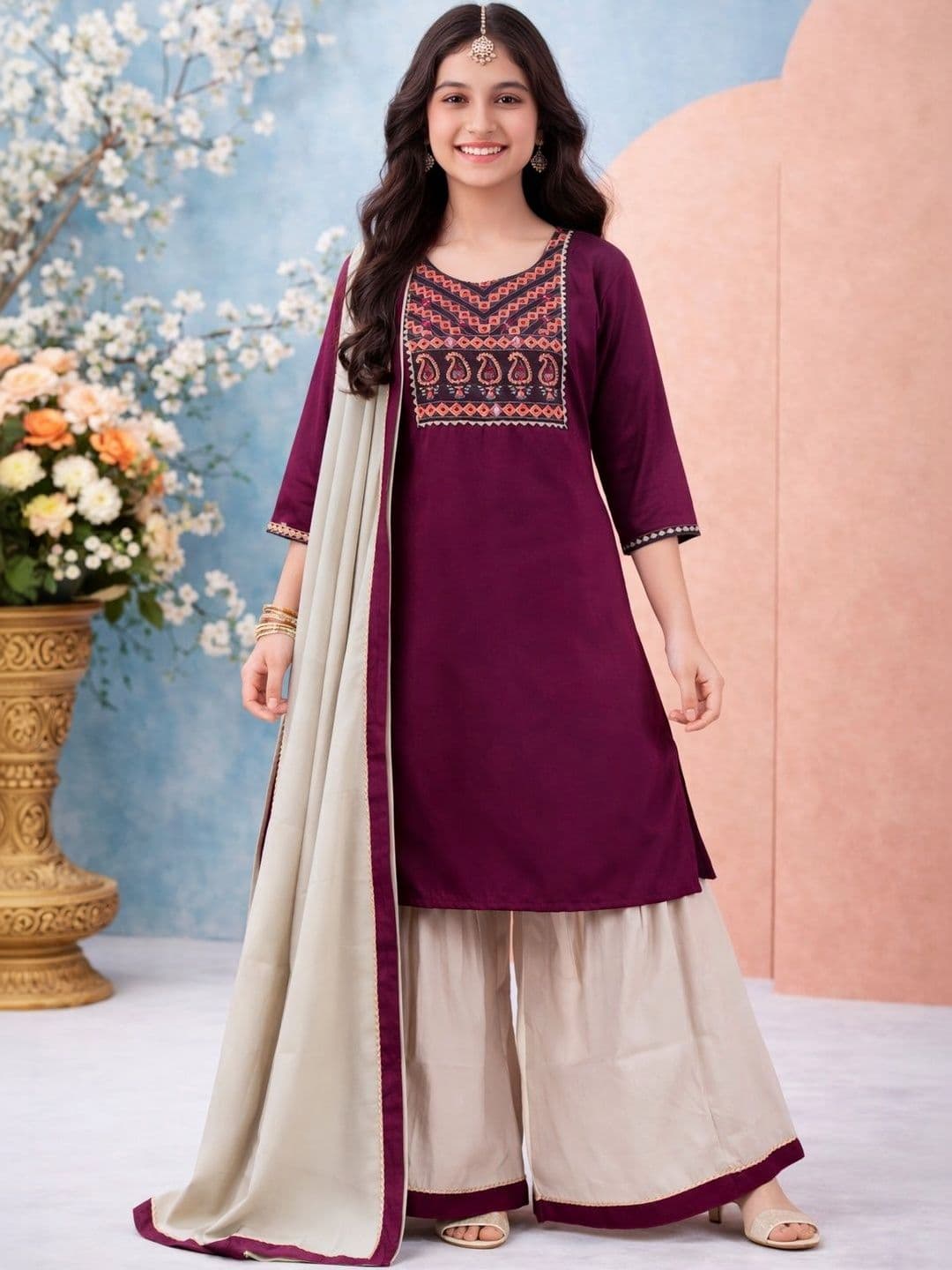 KALINI Girls Cotton Ethnic Motifs Round Neck Kurta - view 1