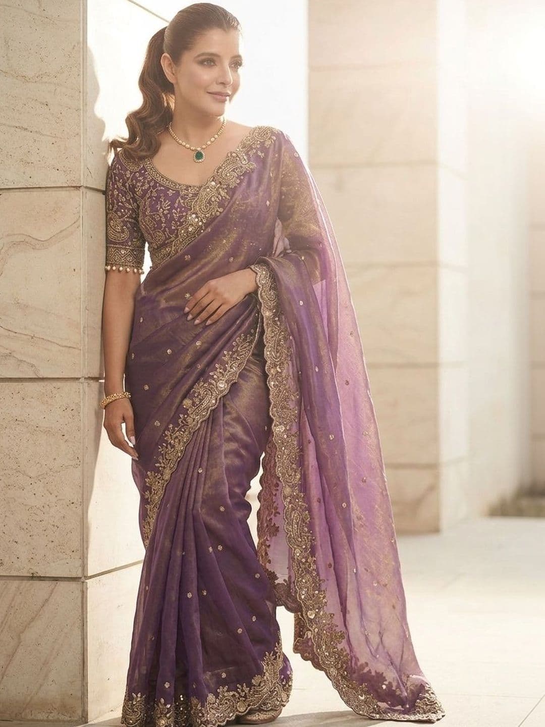 Kalista Ethnic Motifs Embroidered Satin Saree - view 1