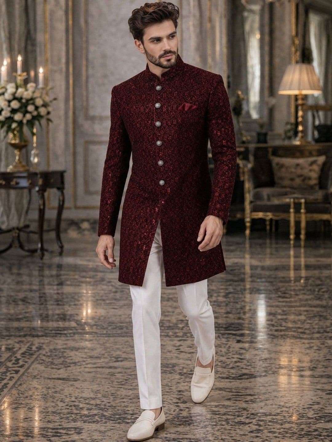 House of Pataudi Self Designed Mandarin Collar Sherwani - view 1