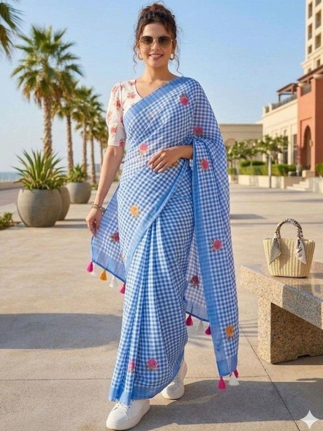 Silkena Floral Checked Printed Linen Blend Saree - view 1